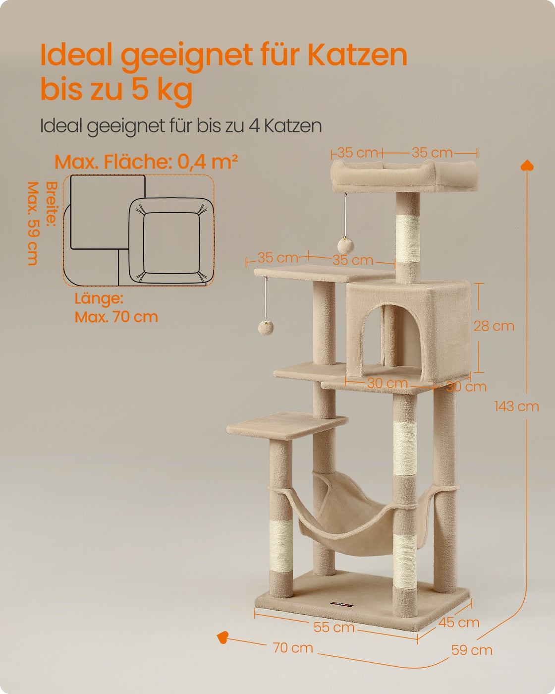 Drapak dla kota z hamakiem 143 cm, camel