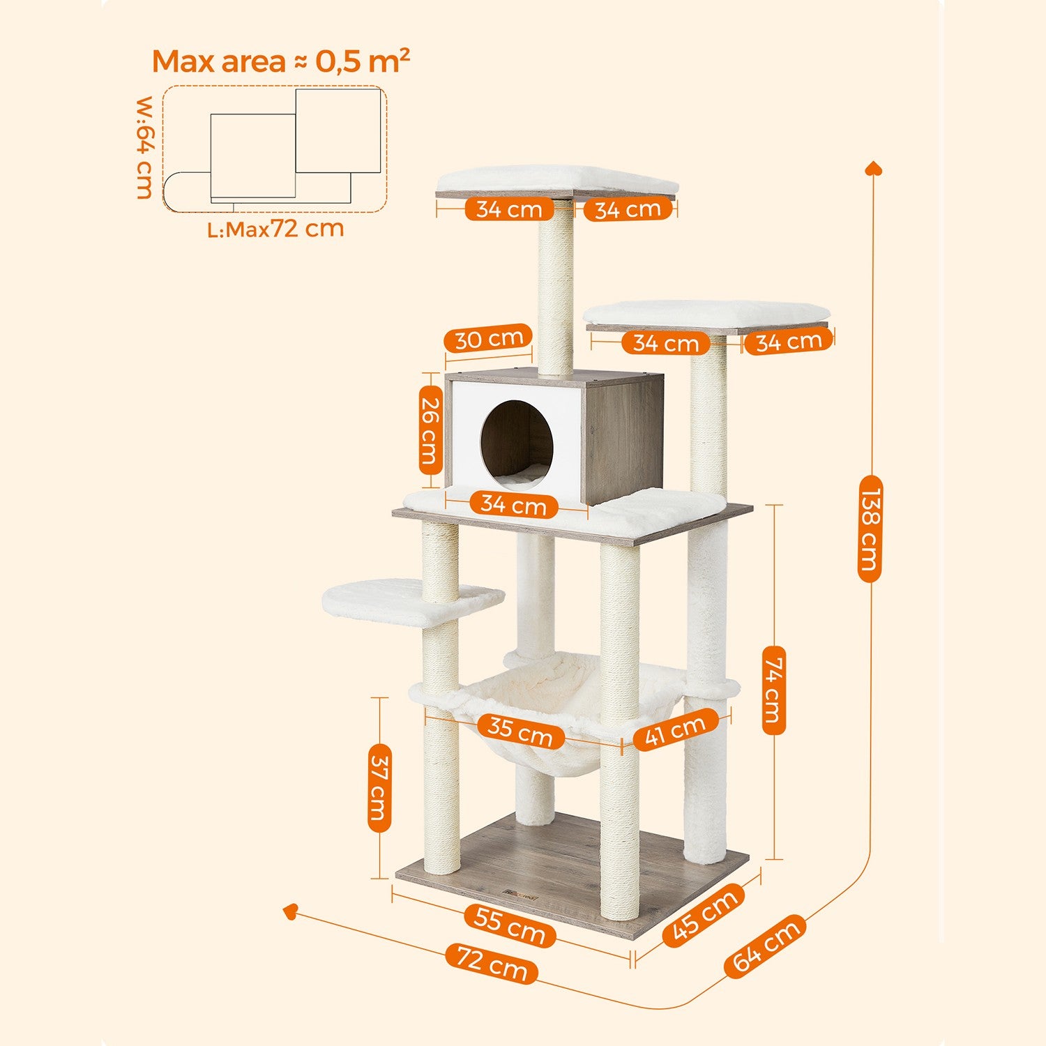 Drapak dla kota z platformami i hamakiem 138 cm szary