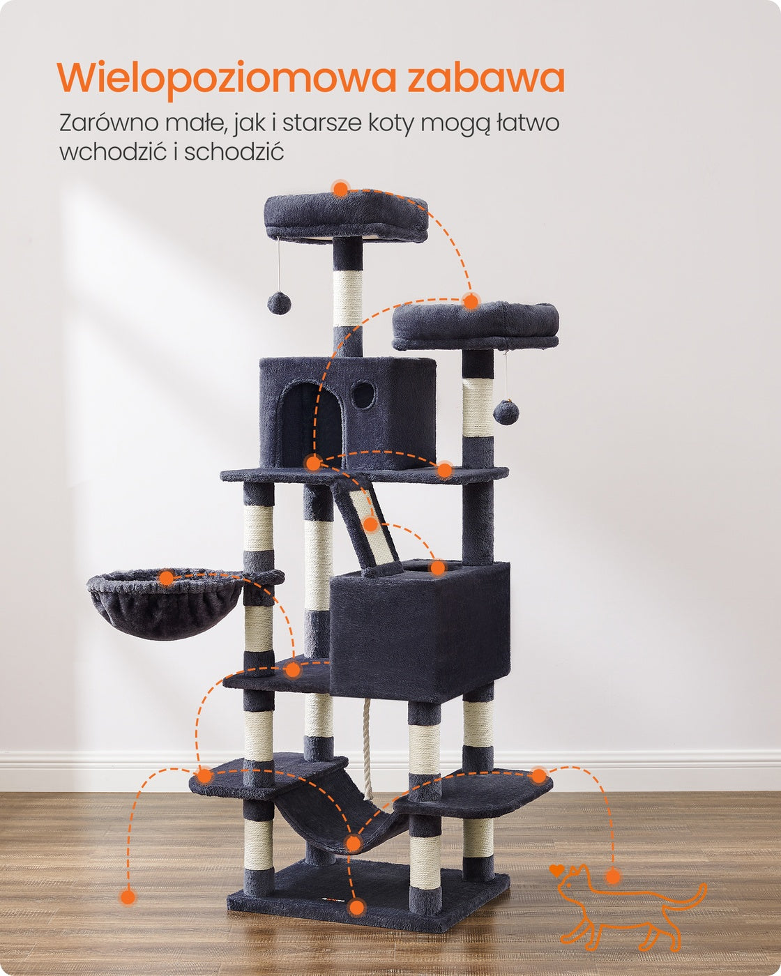 Wielopoziomowy drapak z 2 jaskiniami i hamakiem 168 cm