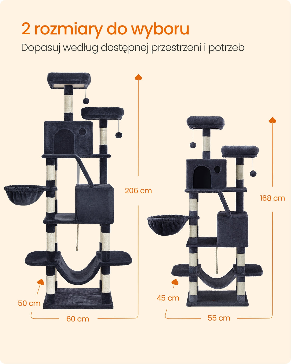 Wielopoziomowy drapak z 2 jaskiniami i hamakiem 168 cm
