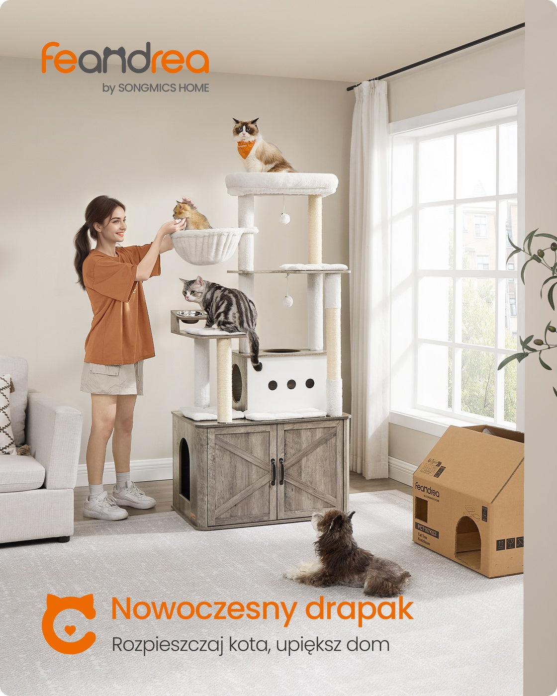 Drapak 170 cm szarobeżowy z jaskinią