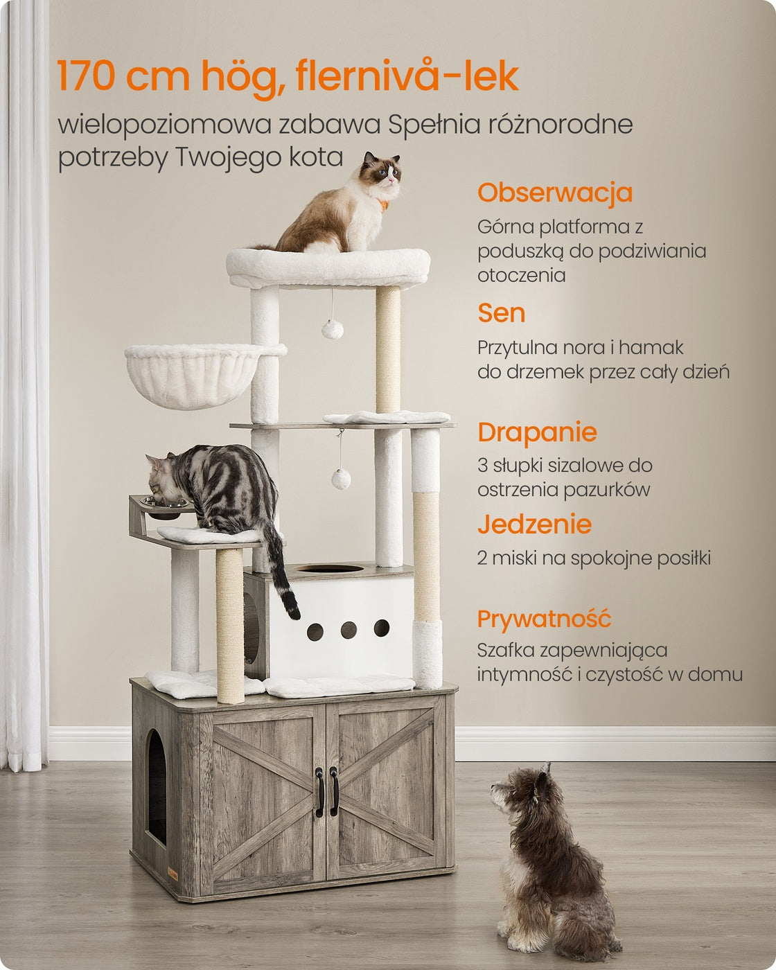 Drapak 170 cm szarobeżowy z jaskinią