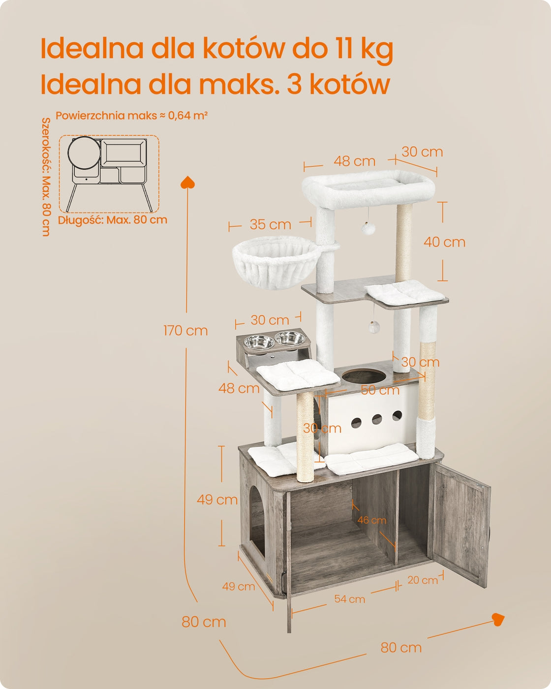 Drapak 170 cm szarobeżowy z jaskinią