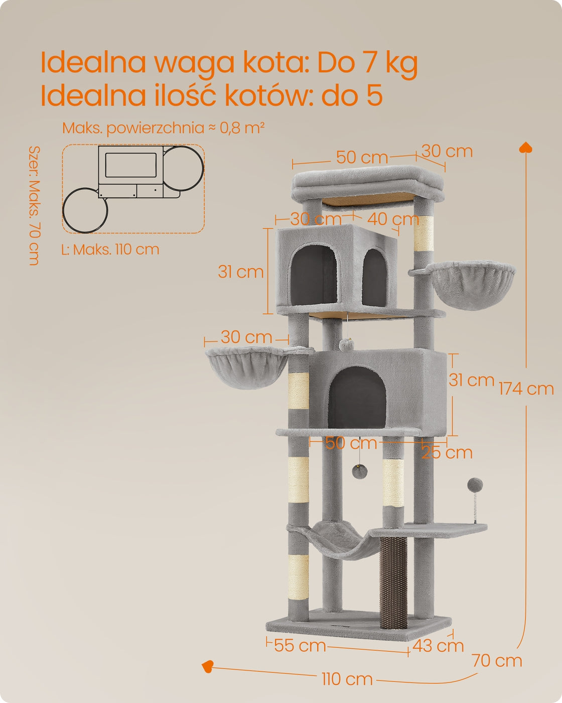 Drapak dla kota XL 175 cm szary