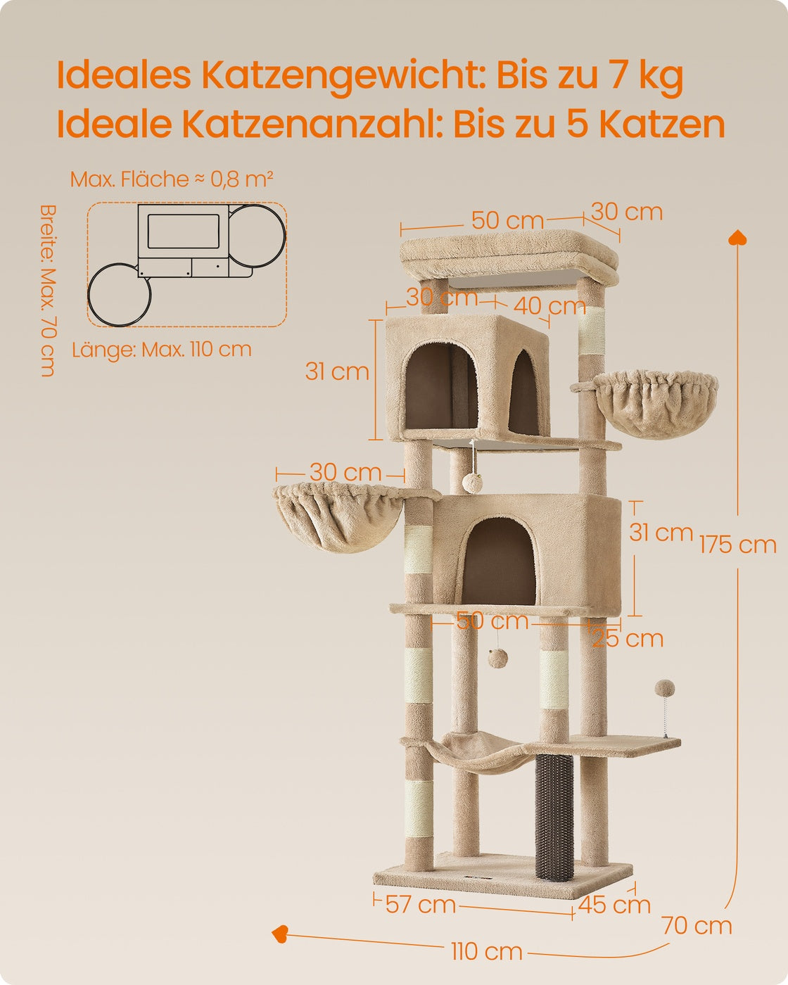 Drapak dla kota 175 cm z dwoma grotami brązowy