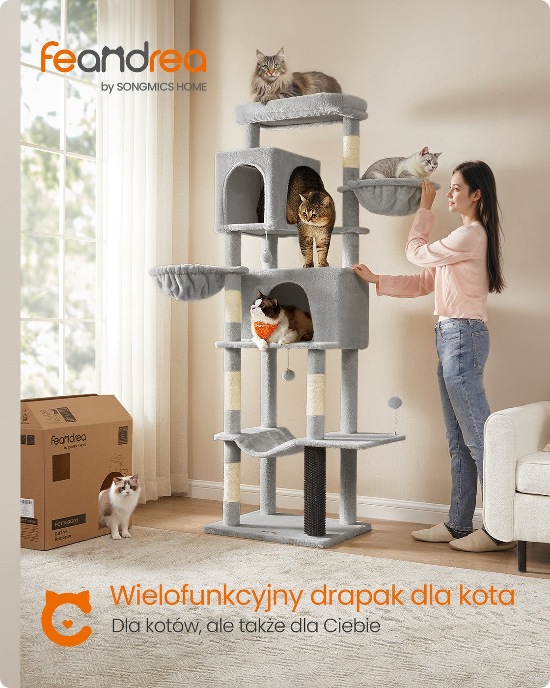 Wielopoziomowe drzewko dla kota szare
