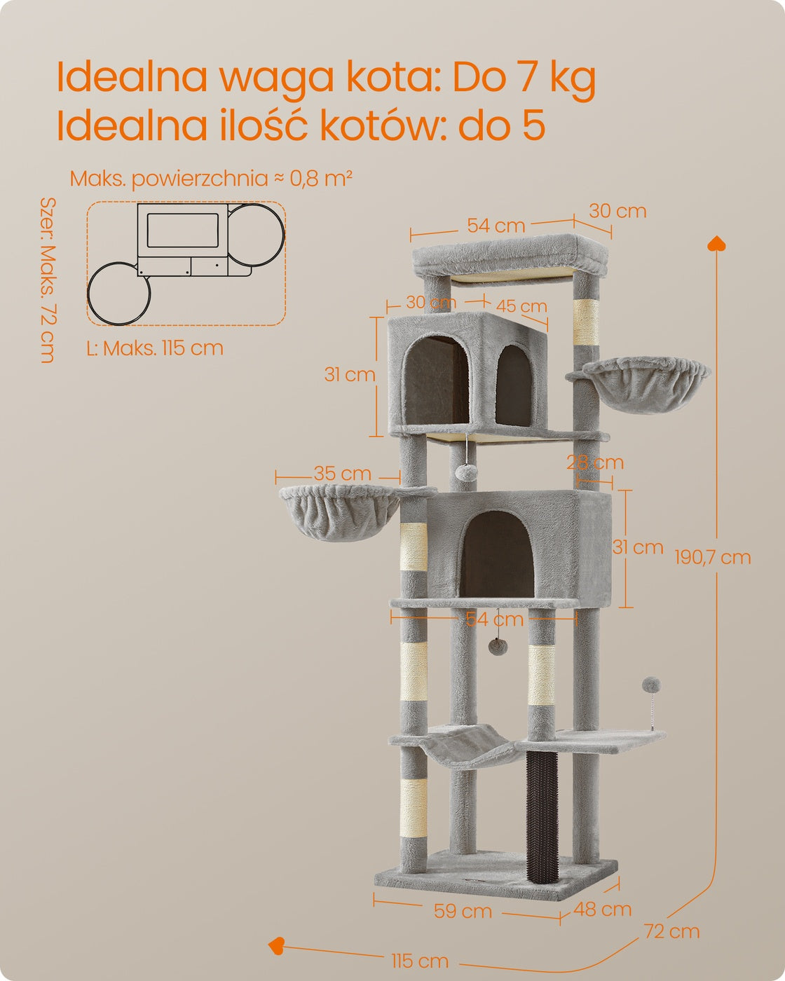 Wielopoziomowe drzewko dla kota szare