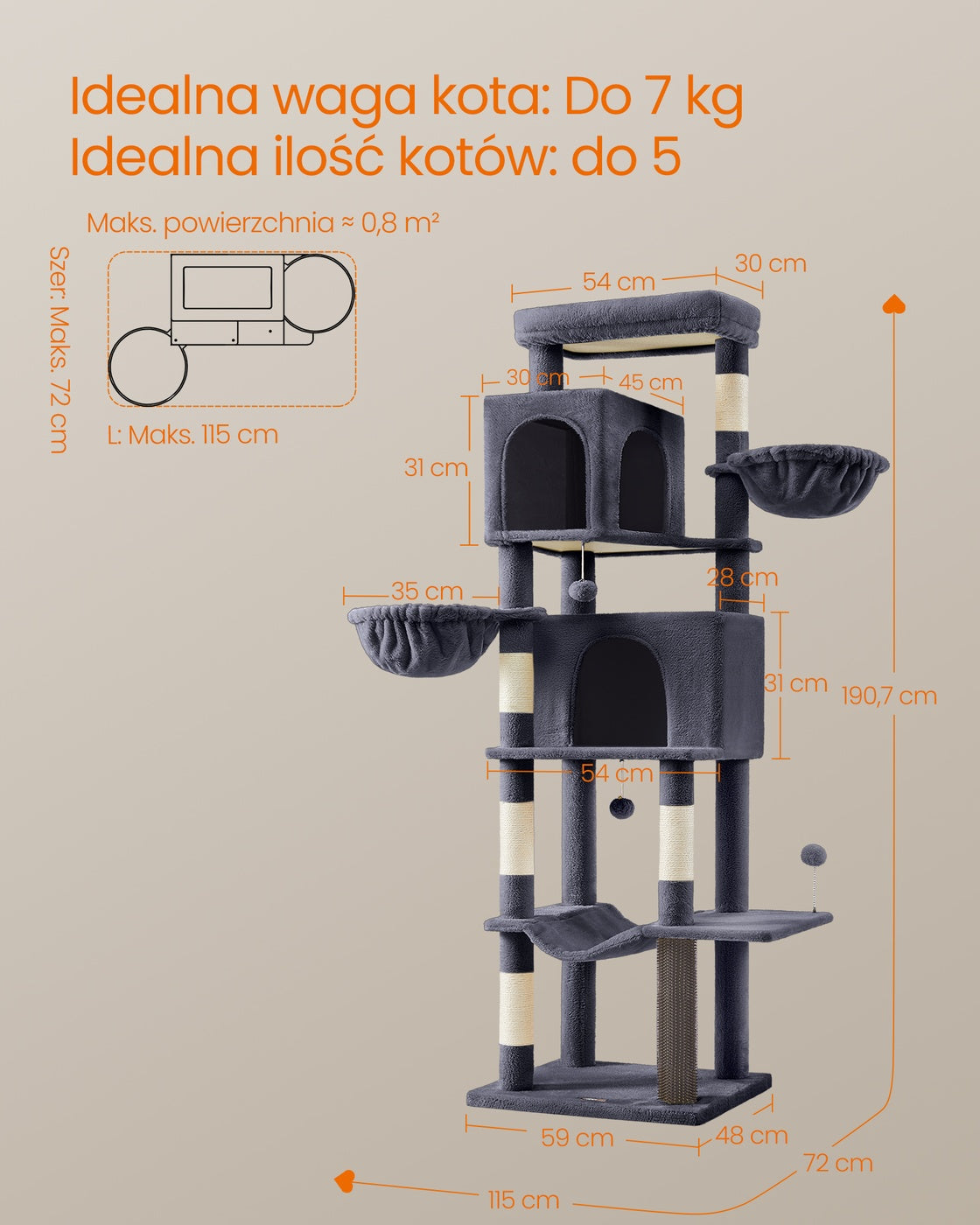 Wielopoziomowe drzewko dla kota 190 cm szare