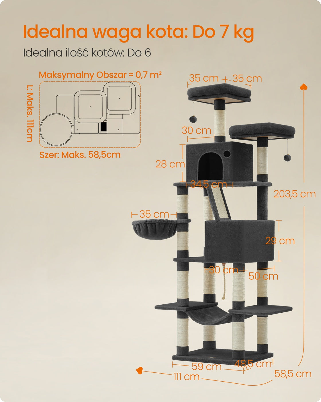 Drapak dla kota XXL 206 cm z dwoma jaskiniami czarny