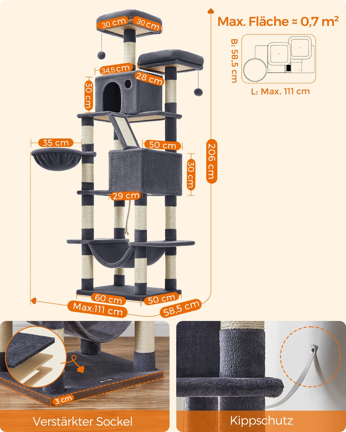 Wysoki drapak dla kota XXL 206 cm, szary