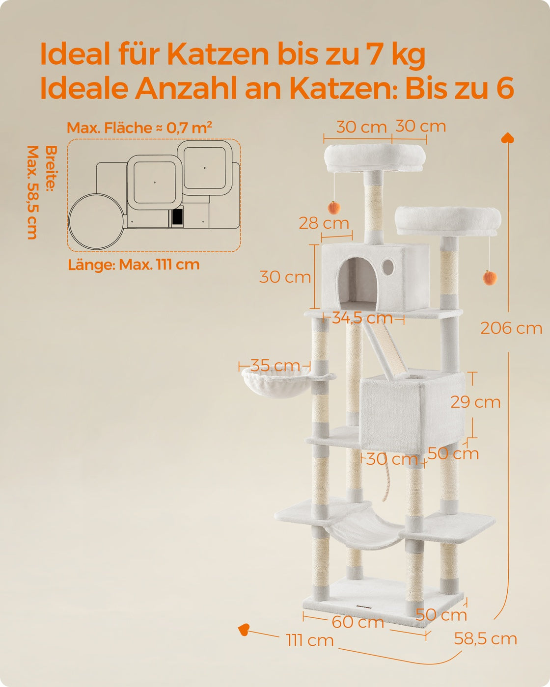Duży drapak dla kota z 2 platformami i pluszowymi kulkami