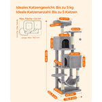 Drapak dla kota 155 cm z platformami i jaskiniami jasnoszary