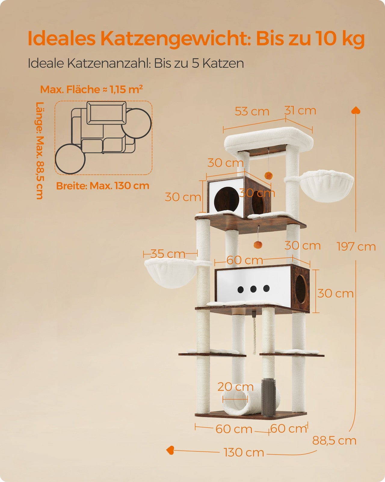 Duży drapak dla kota z 2 jaskiniami i 2 leżakami