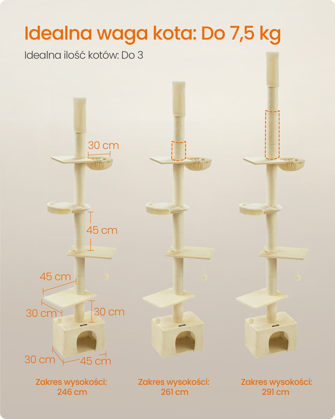 Sufitowa wieża do wspinaczki dla kota beżowa 231-291 cm