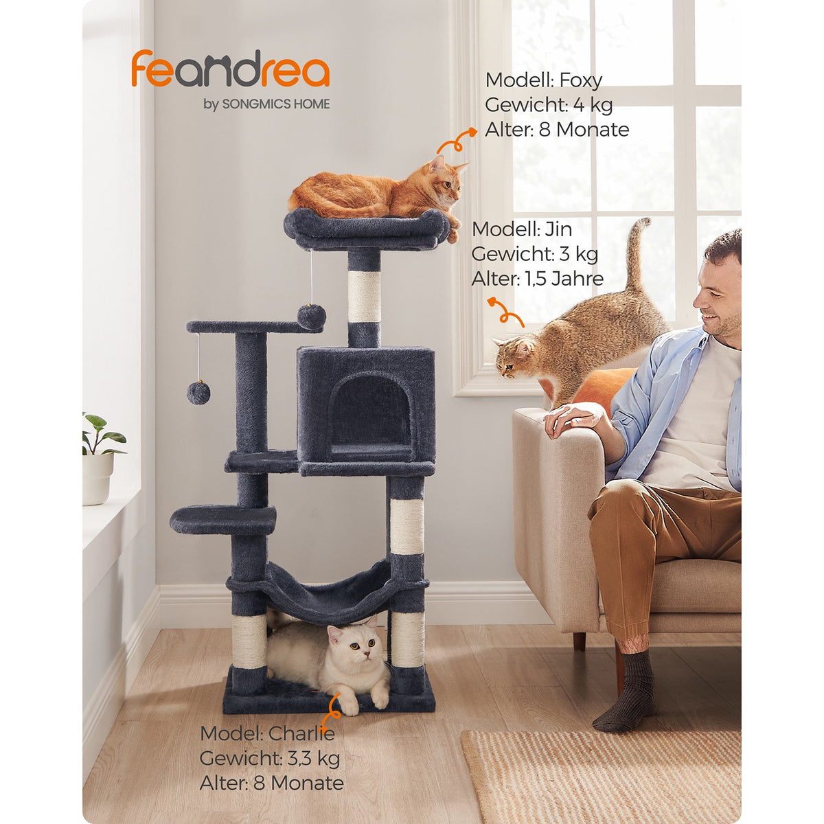 Drapak dla kota 112 cm z platformami i hamakiem szary