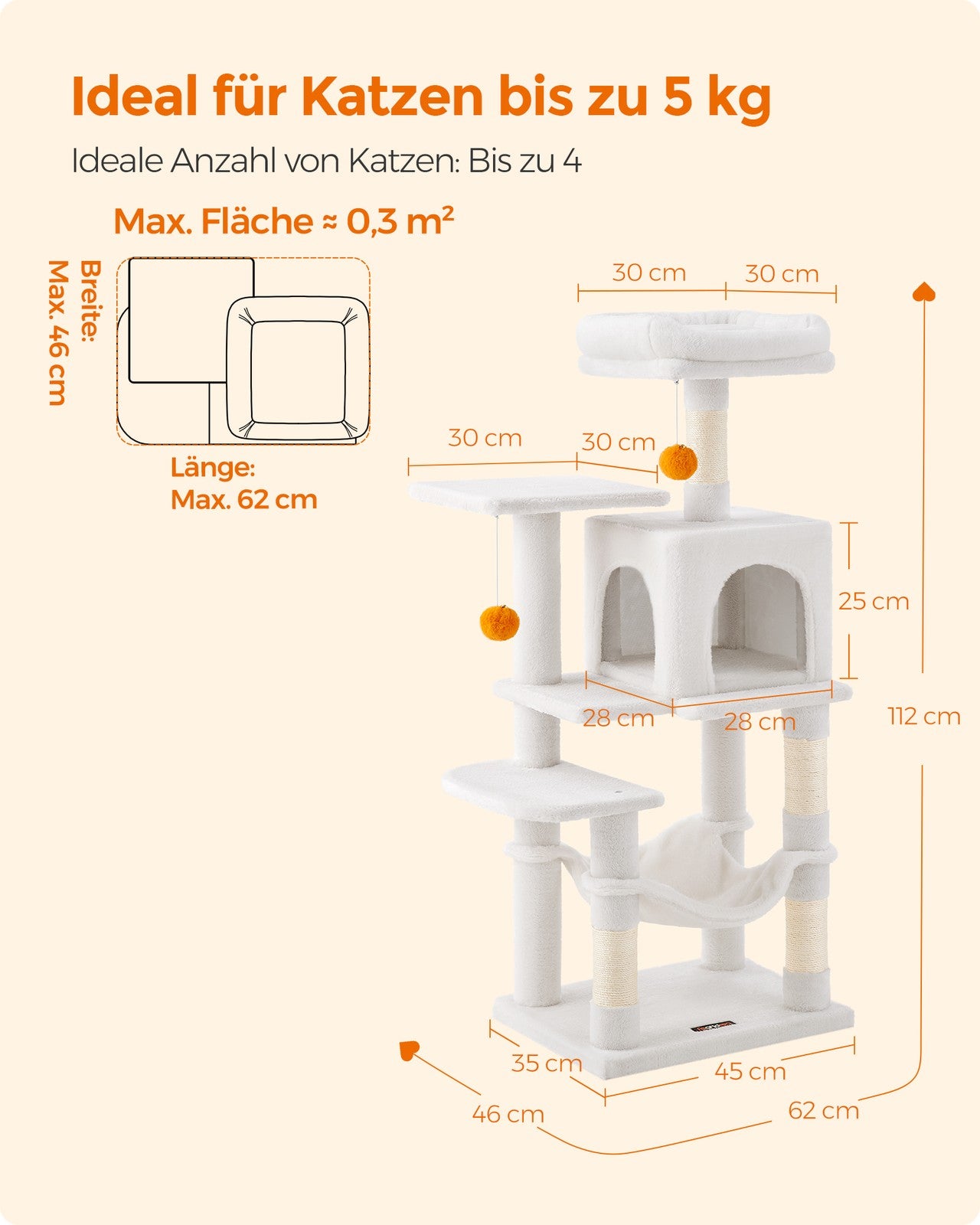 Drapak dla kota z jaskinią i miejscem do leżenia 138 cm