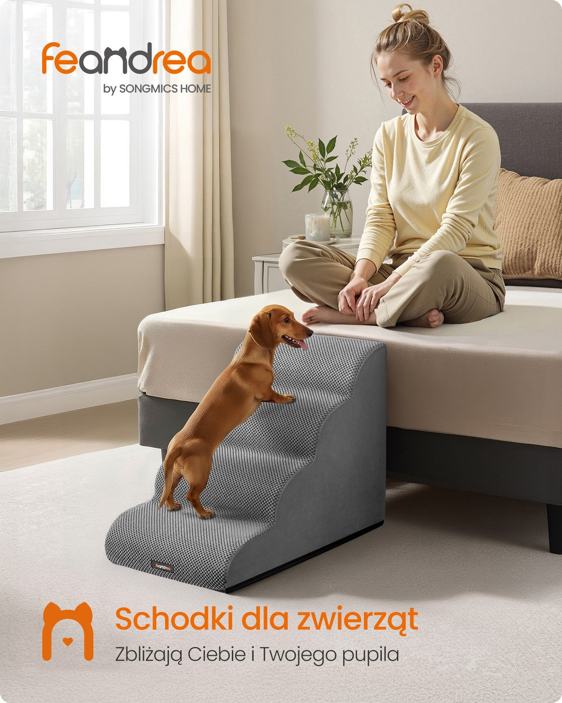 Schody dla psa 4 stopnie szare z welurem