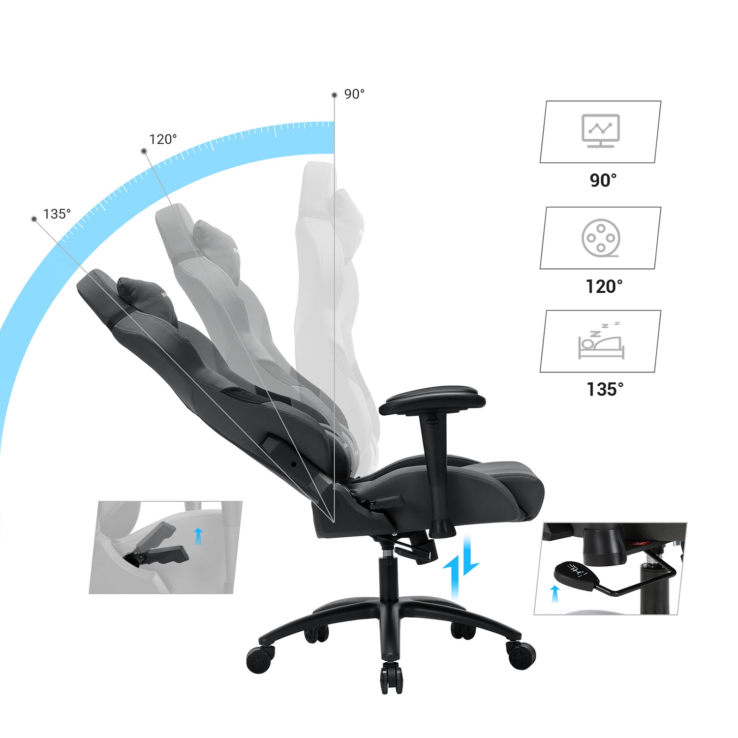 Szare ergonomiczne krzesło gamingowe z poduszką lędźwiową