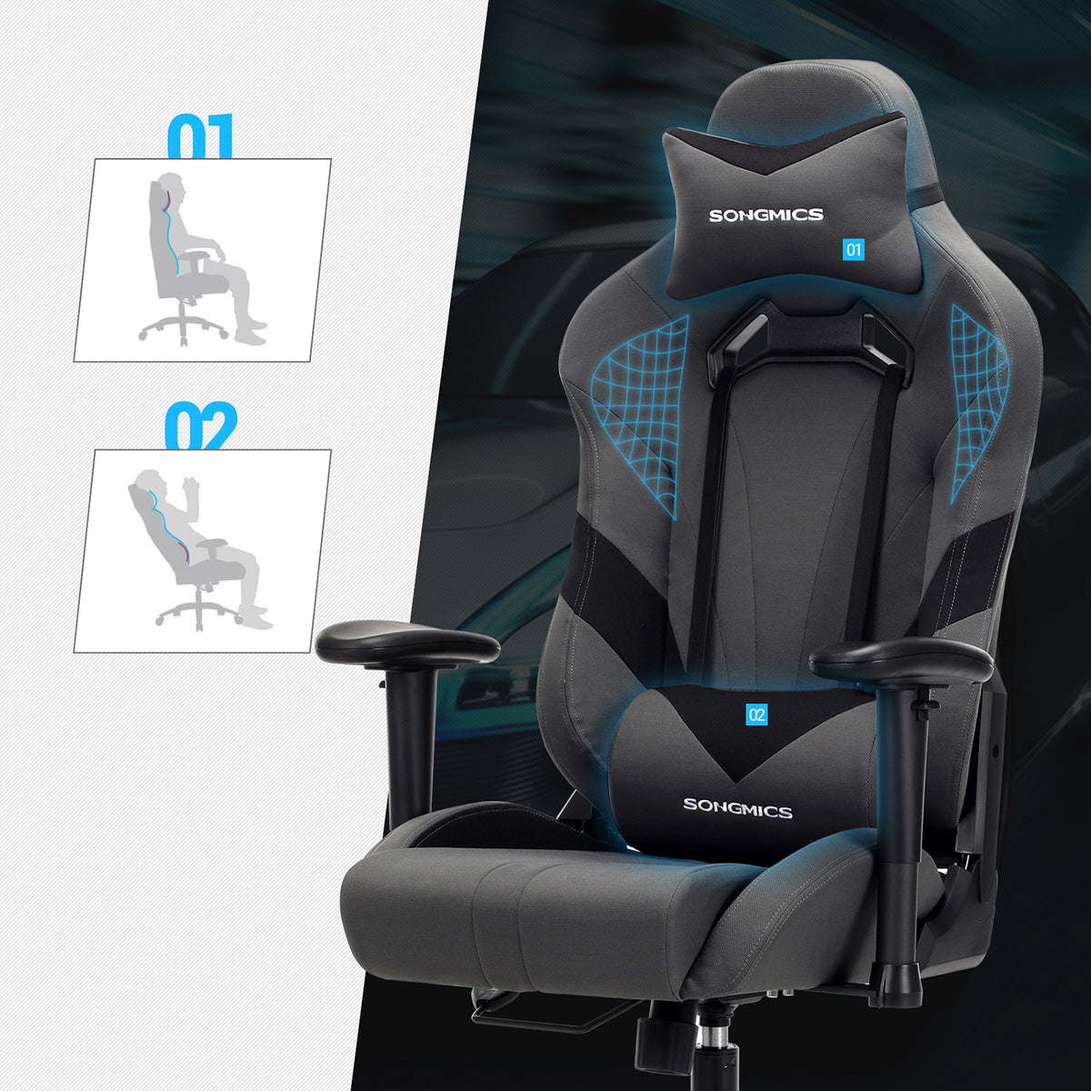 Szare ergonomiczne krzesło gamingowe z poduszką lędźwiową