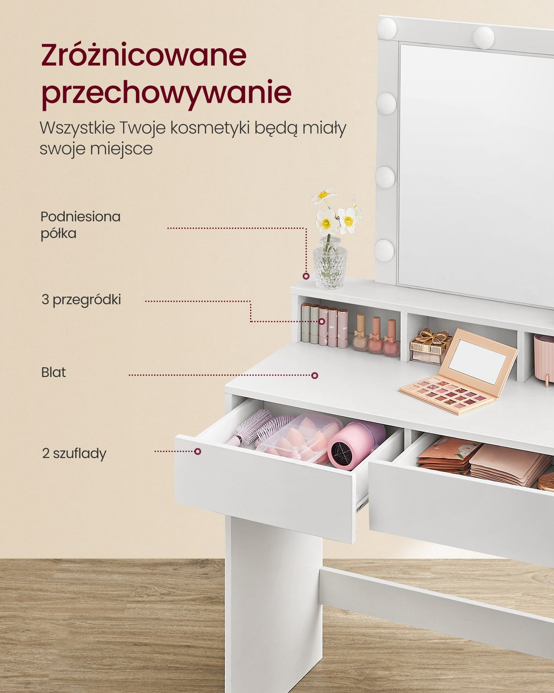 Biała toaletka z lustrem i oświetleniem LED