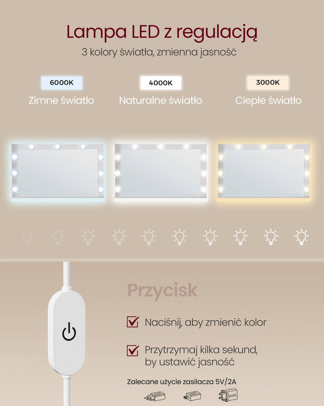 Biała toaletka kosmetyczna z lustrem i oświetleniem LED