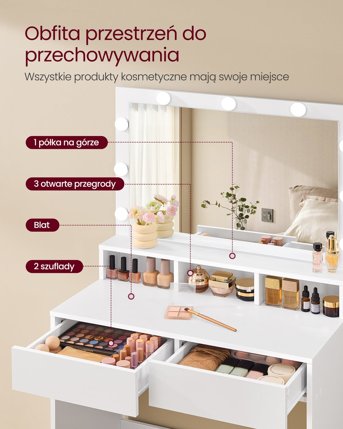 Biała toaletka kosmetyczna z lustrem i oświetleniem LED