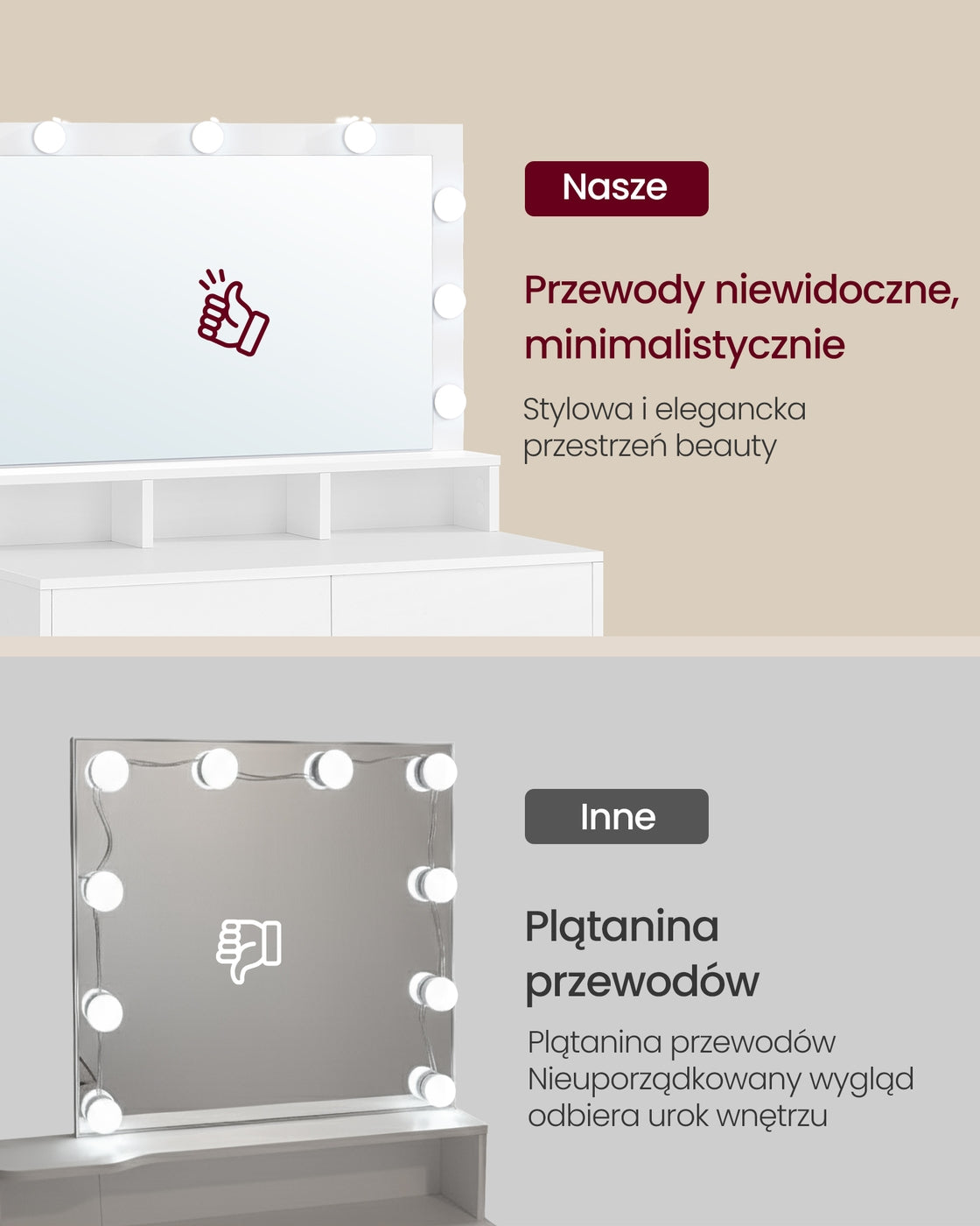 Biała toaletka kosmetyczna z lustrem i oświetleniem LED