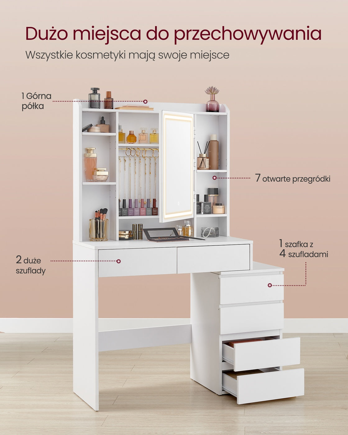 Toaletka z podświetlanym lustrem i stołkiem biała