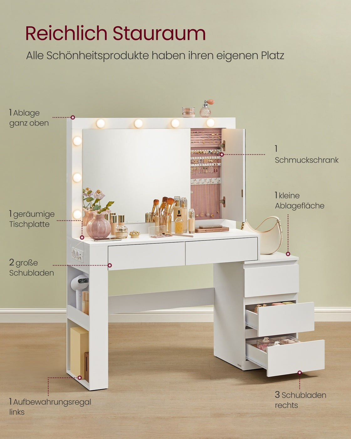 Toaletka z podświetlanym lustrem 125x40x140 cm biała