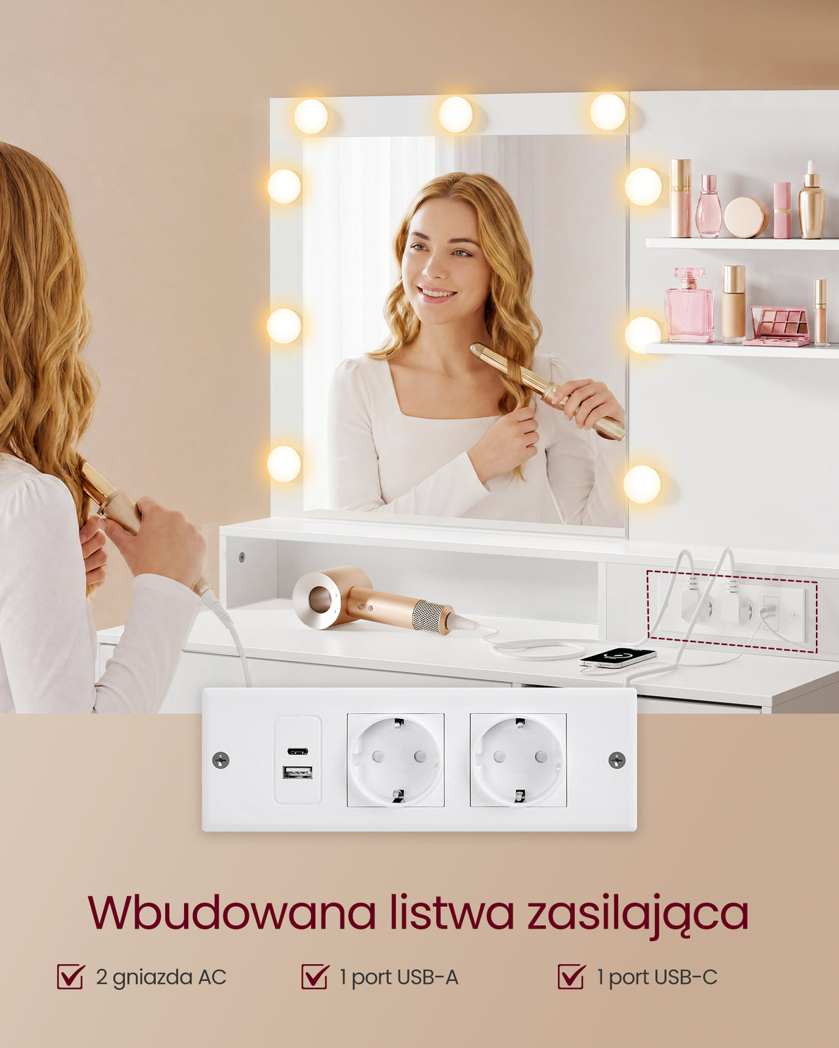 Toaletka biała z lustrem, oświetleniem i szufladami