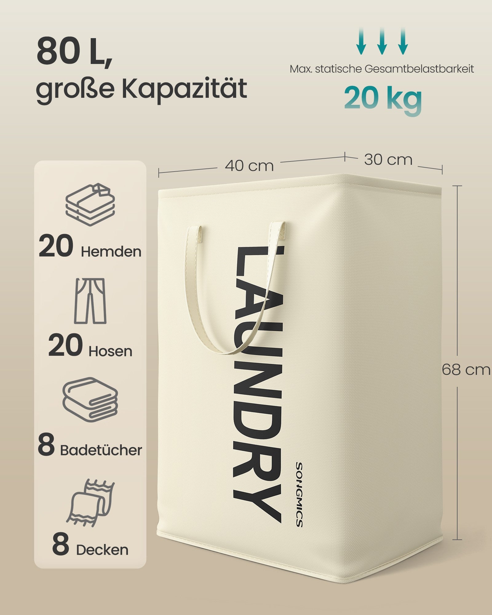 Składany kosz na pranie 80 l kremowobiały z uchwytami