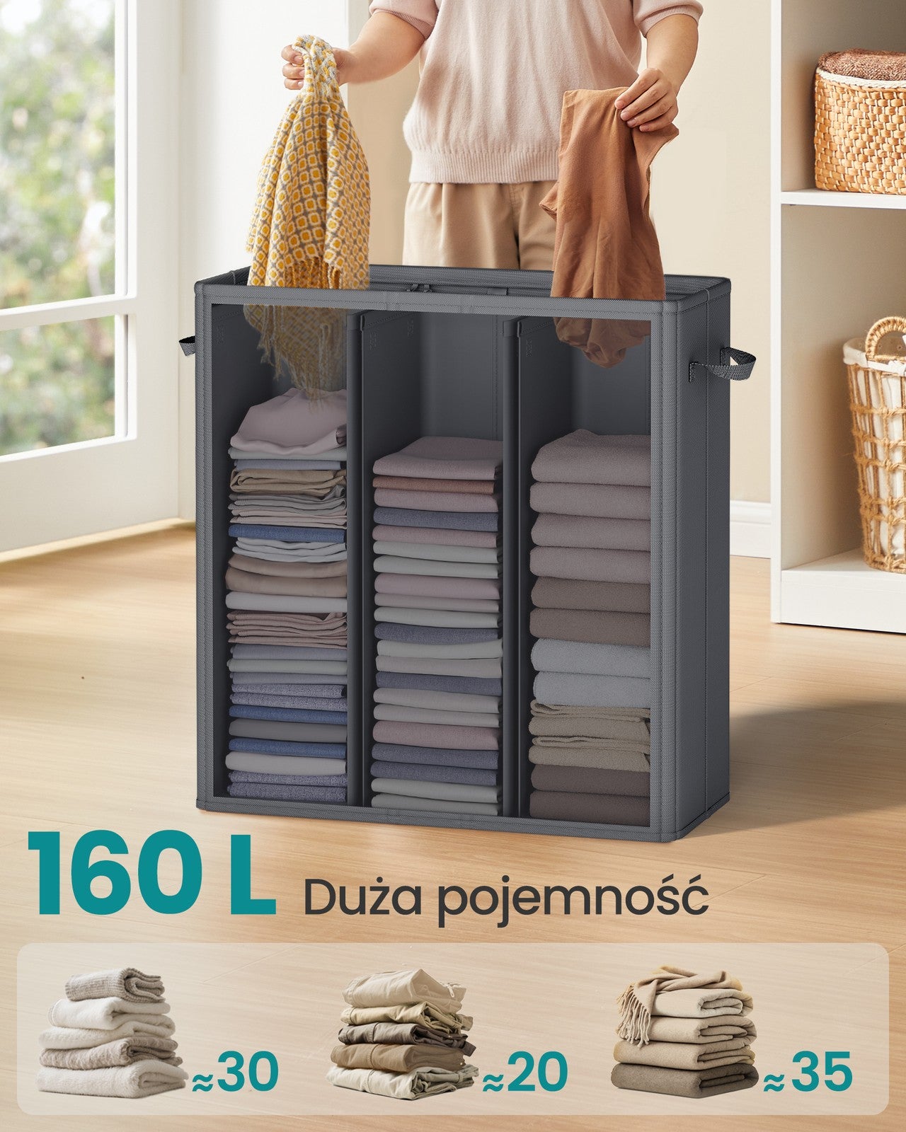 Kosz na pranie 3-komorowy szary 160 l
