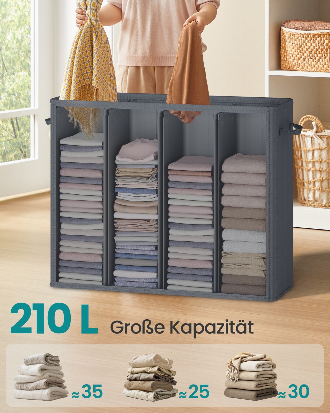 Kosz na pranie 4-komorowy ciemnoszary 210 L