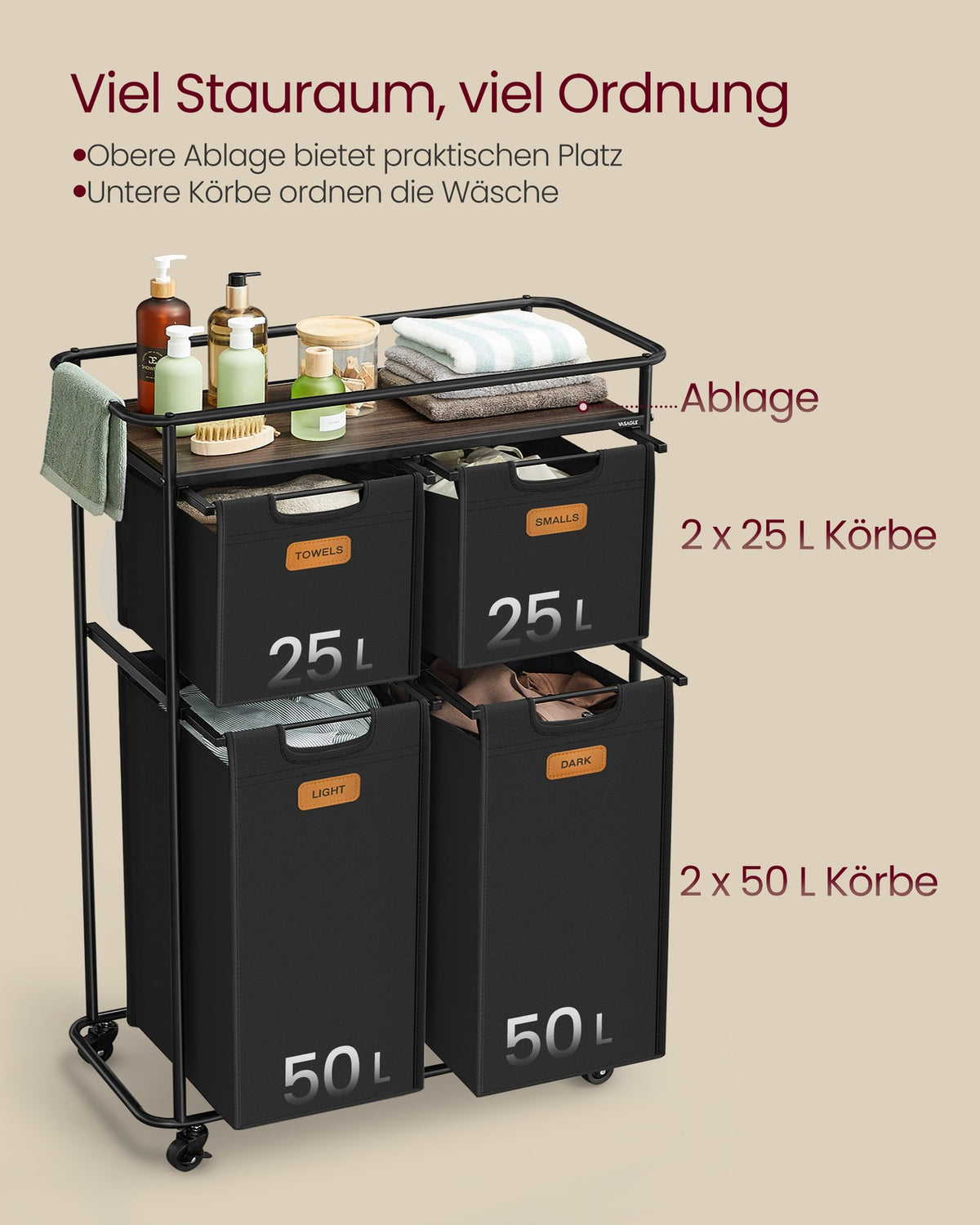 Sorter na pranie 150 L na kółkach, czarny z brązem