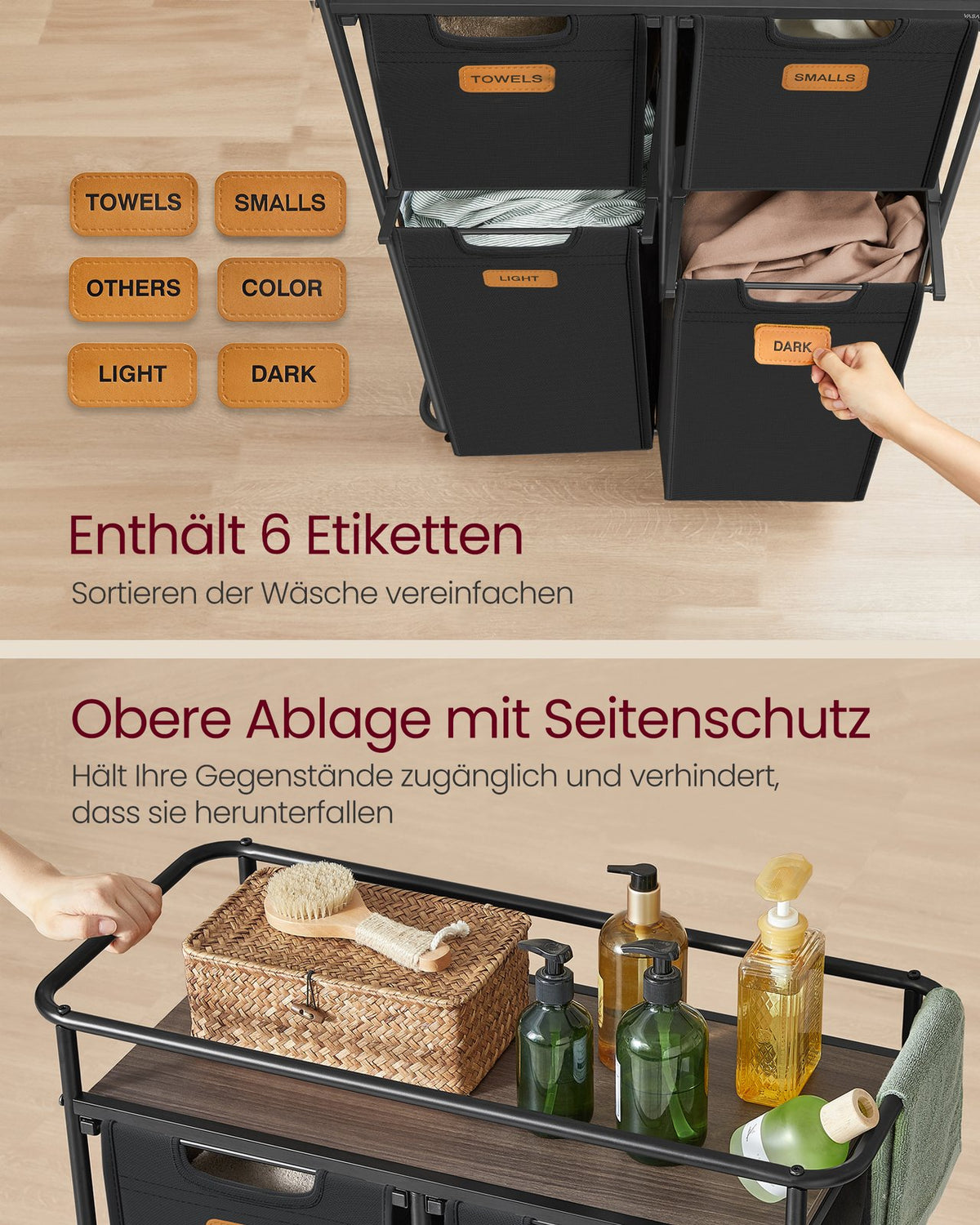 Sorter na pranie 150 L na kółkach, czarny z brązem