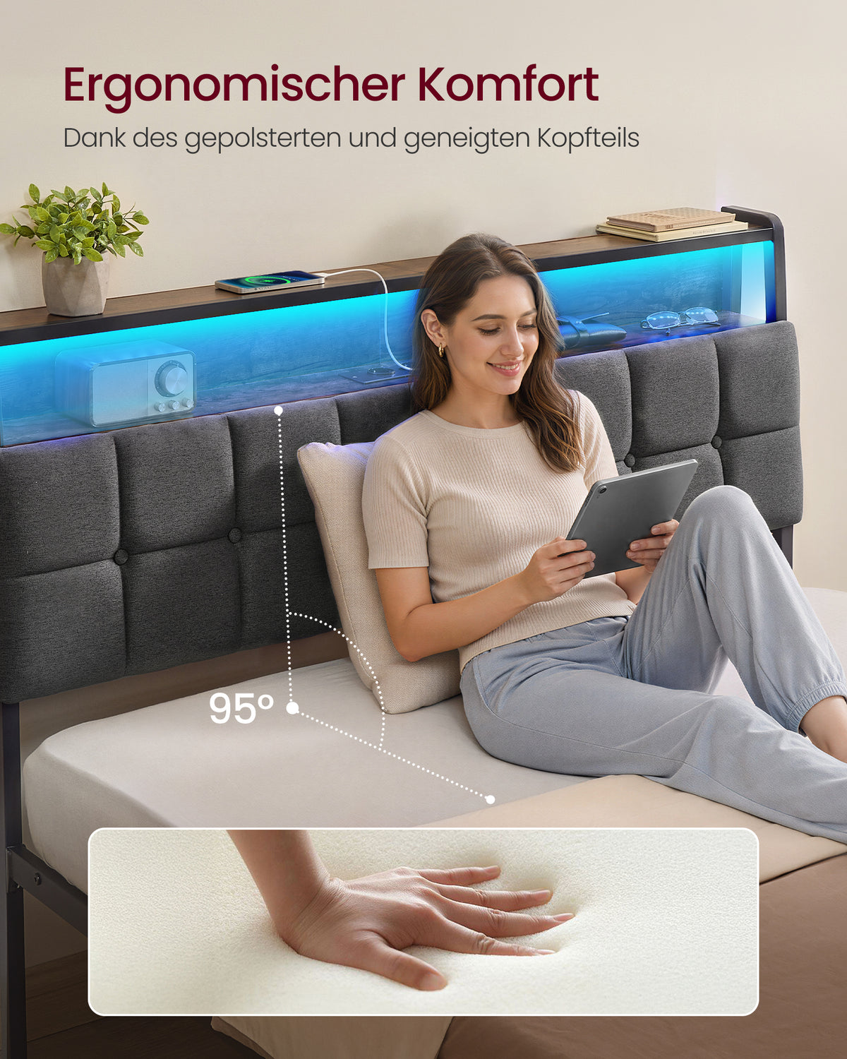 Łóżko 140x200 z tapicerowanym zagłówkiem, LED i USB
