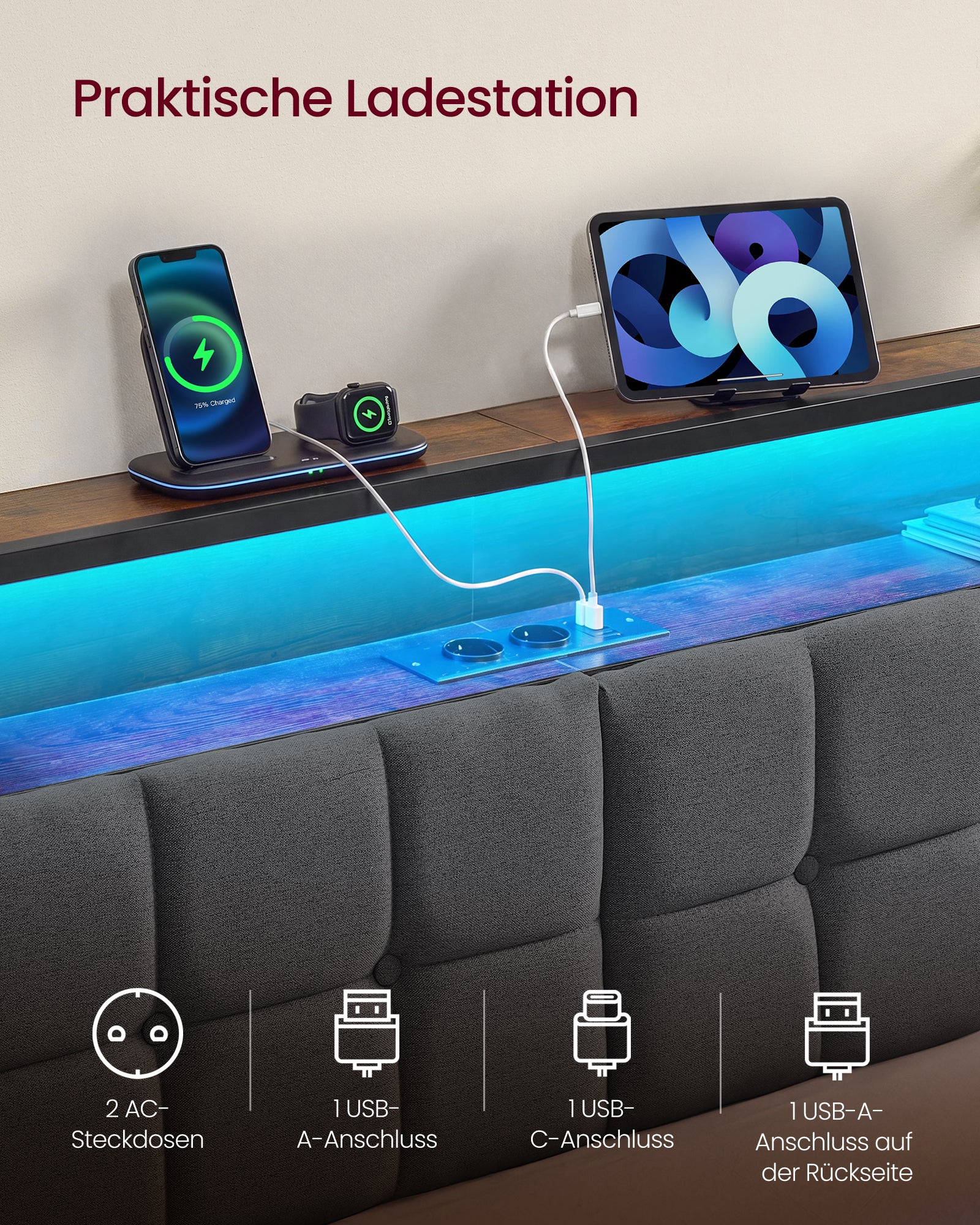 Łóżko 140x200 z tapicerowanym zagłówkiem, LED i USB