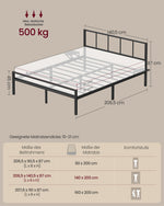 Łóżko podwójne 140×200 cm z półkami czarne metalowe