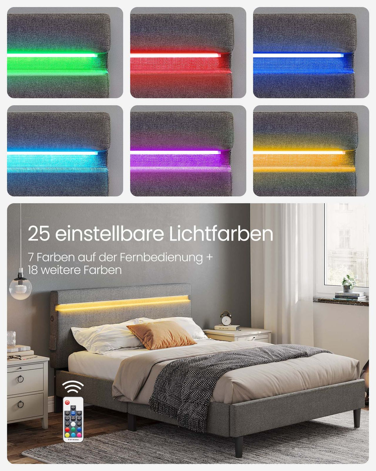 Metalowe łóżko 140x190 cm z oświetleniem LED ciemnoszare