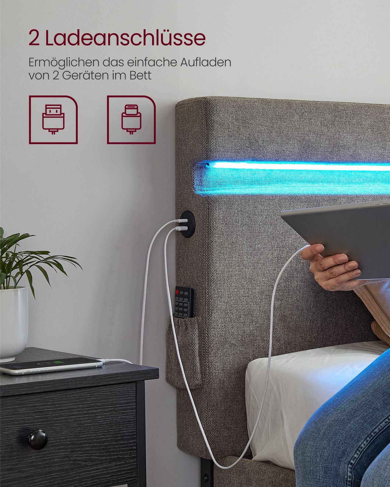 Metalowe łóżko 140x190 cm z oświetleniem LED ciemnoszare