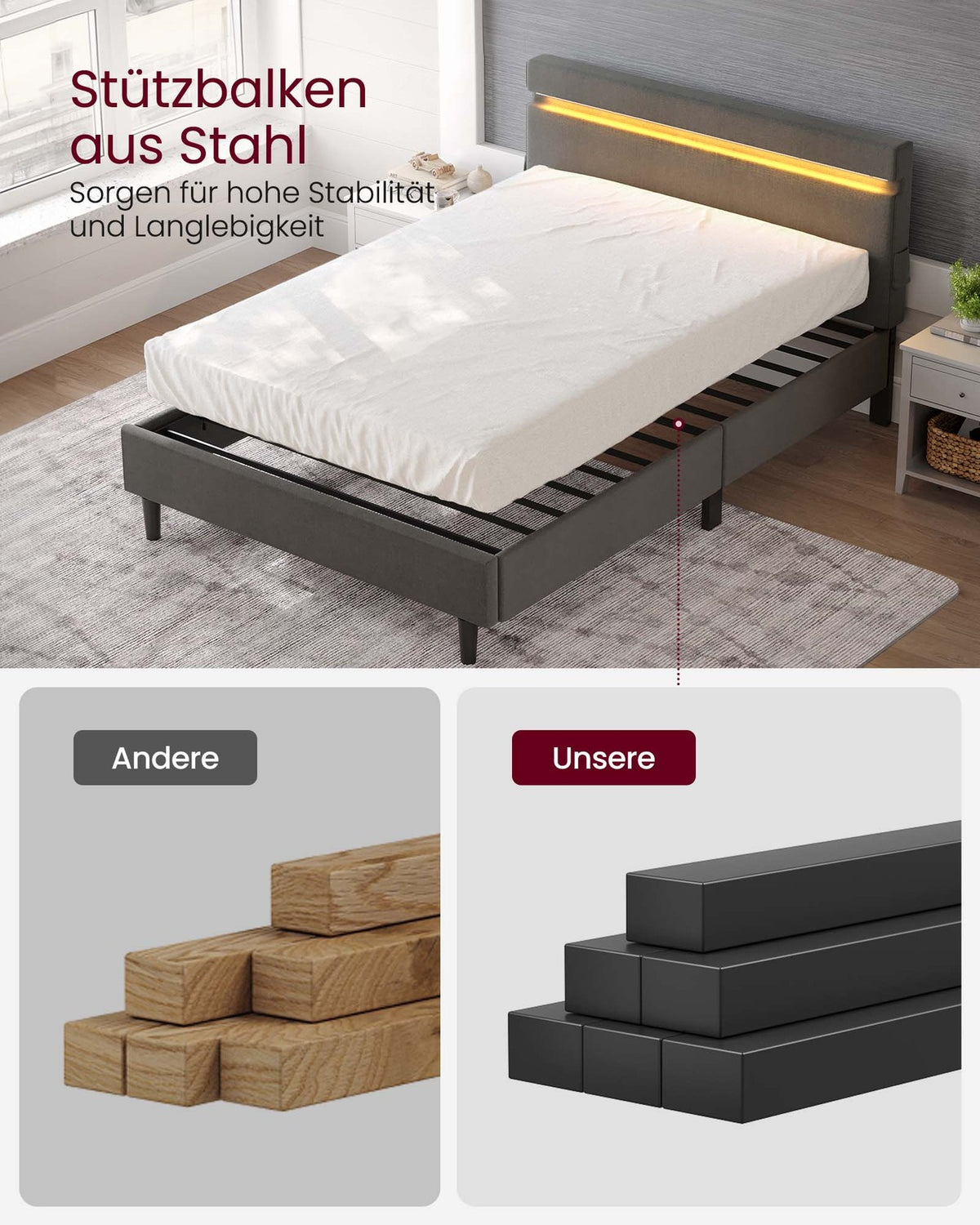 Metalowe łóżko 140x190 cm z oświetleniem LED ciemnoszare