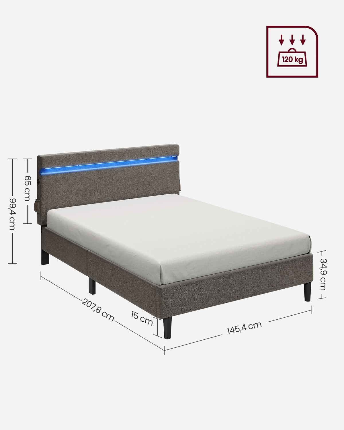 Metalowe łóżko 140x190 cm z oświetleniem LED ciemnoszare
