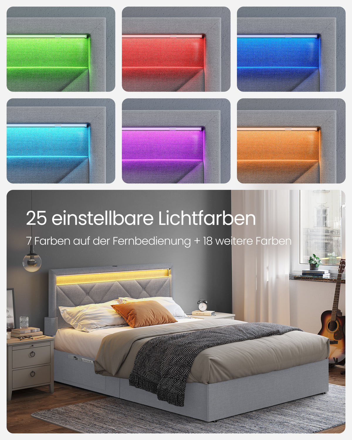 Łóżko tapicerowane 140x200 cm szare z LED