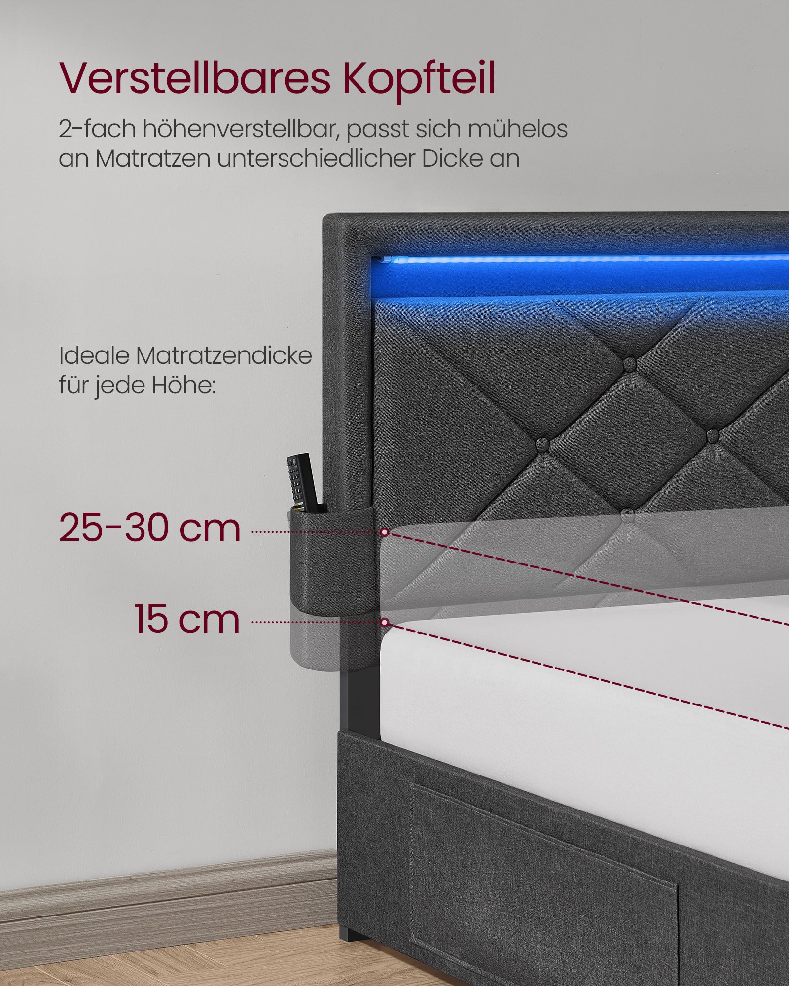 Rama łóżka podwójnego 140x200 cm z LED szara