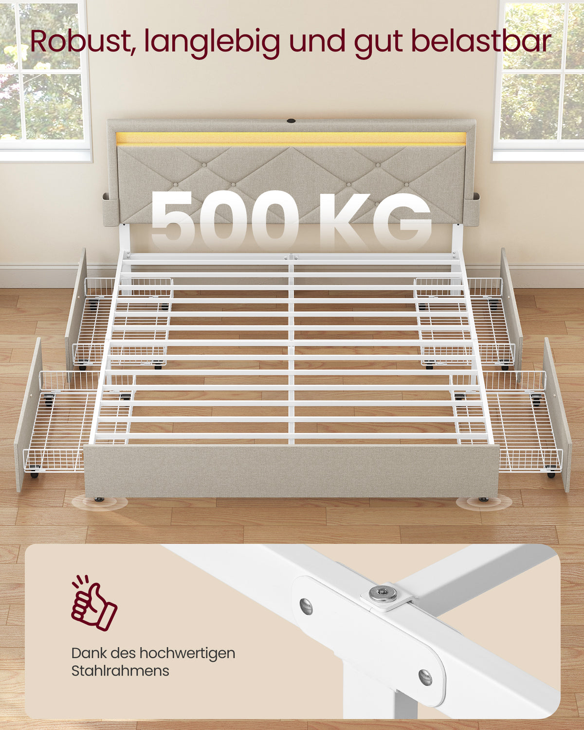Rama łóżka podwójnego 160x200 cm z podświetleniem LED beżowa