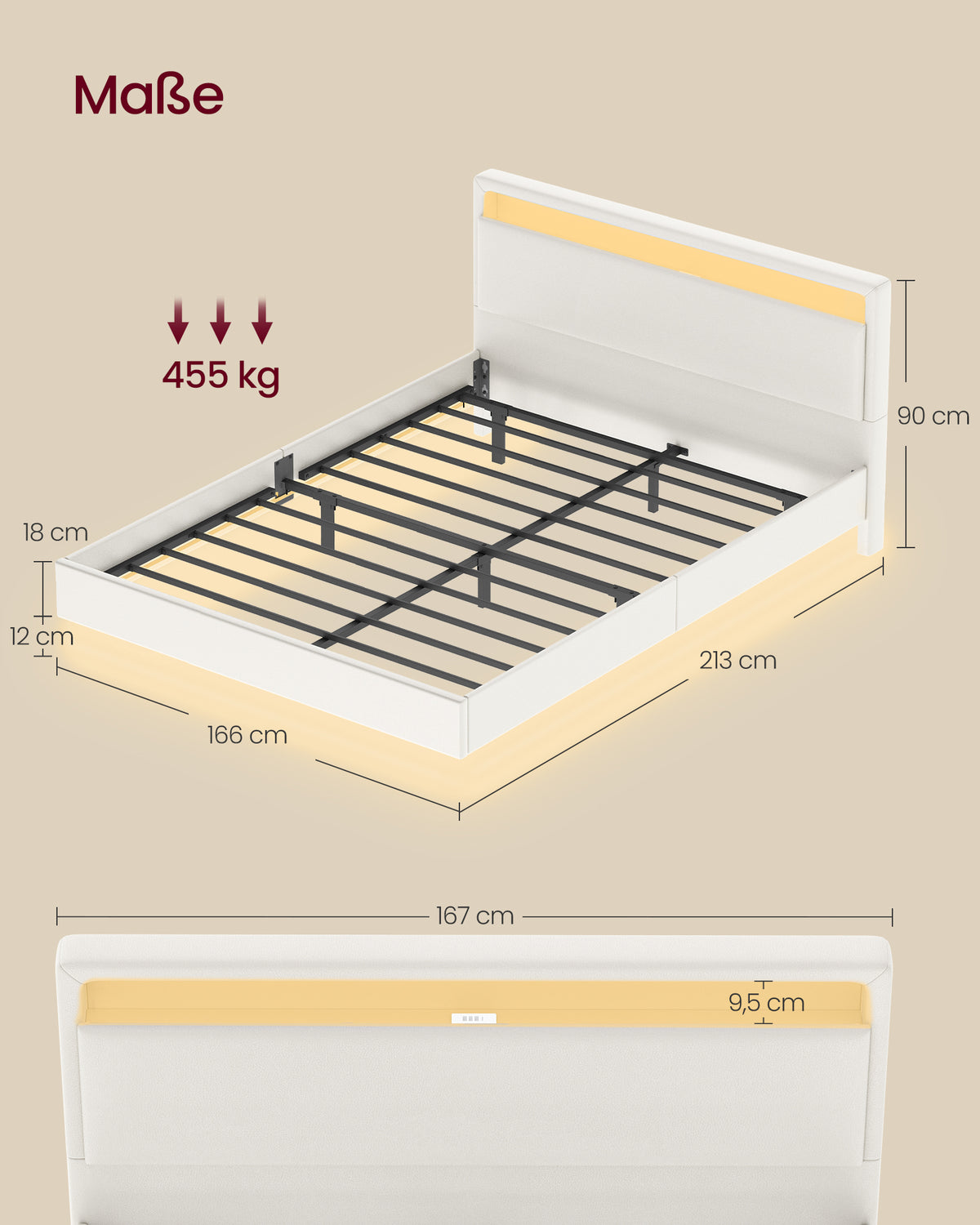 Rama łóżka podwójnego 160x200 cm z podświetleniem LED biała