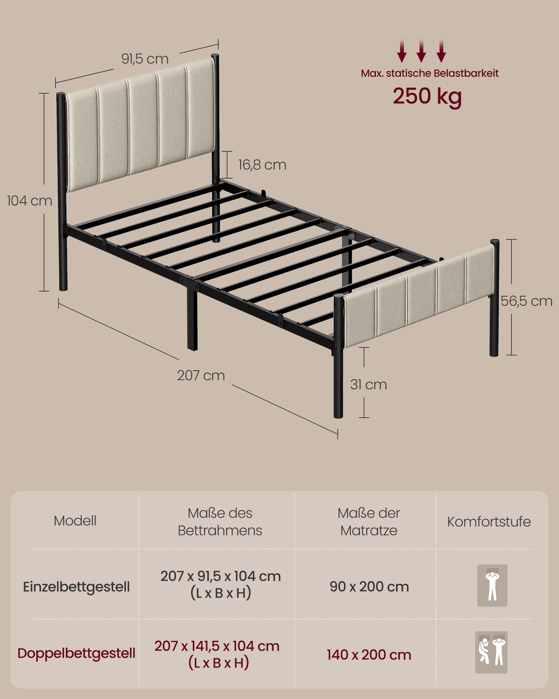 Łóżko pojedyncze 90x200 cm z tapicerowanym zagłówkiem beżowe