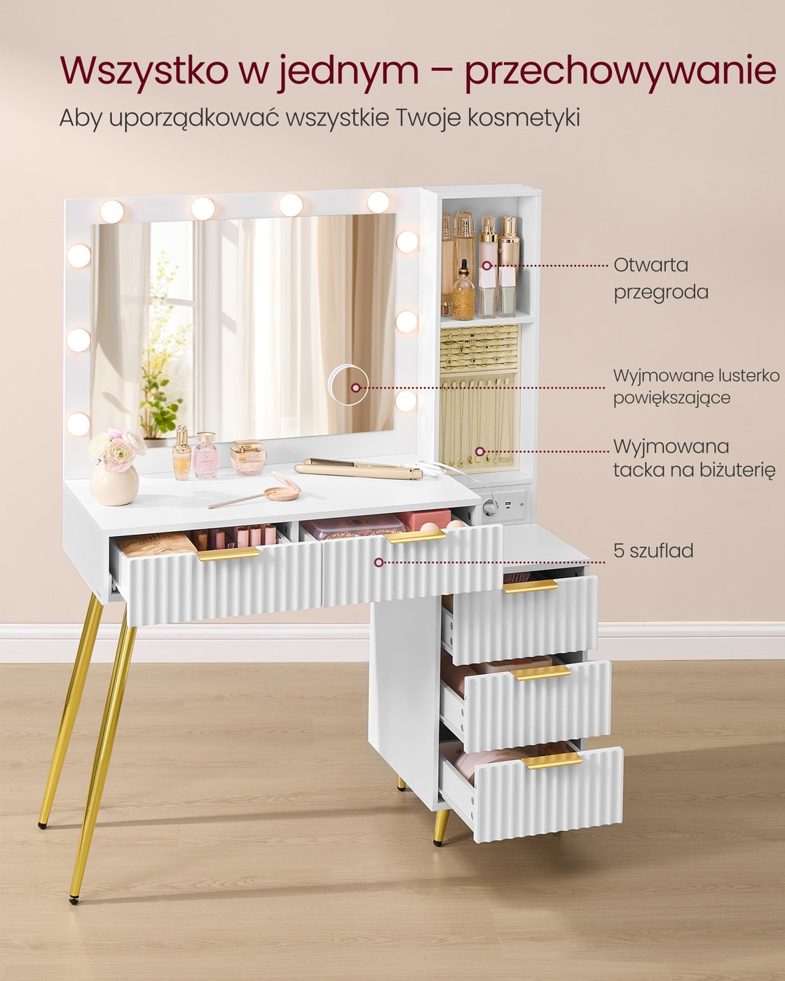 Toaletka z lustrem i stołkiem biała 40x110x135 cm