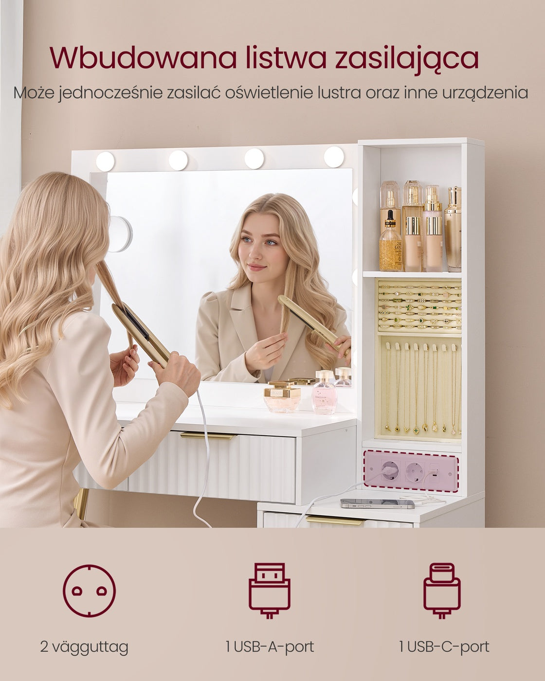 Toaletka z lustrem i stołkiem biała 40x110x135 cm