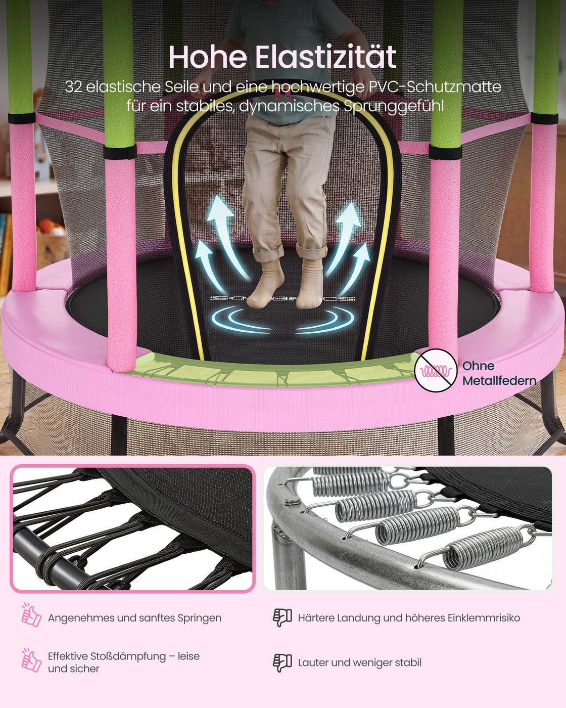 Trampolina dziecięca 174 cm z siatką różowa